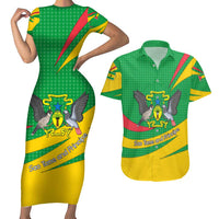Sao Tome and Principe National Emblem Couples Matching Short Sleeve Bodycon Dress and Hawaiian Shirt with Green Yellow Flag Pattern