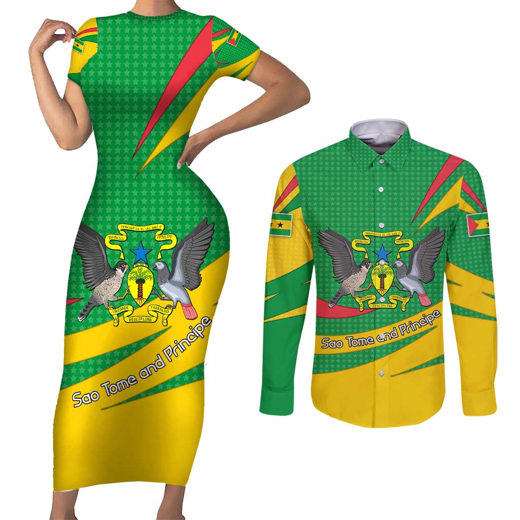 Sao Tome and Principe National Emblem Couples Matching Short Sleeve Bodycon Dress and Long Sleeve Button Shirt with Green Yellow Flag Pattern
