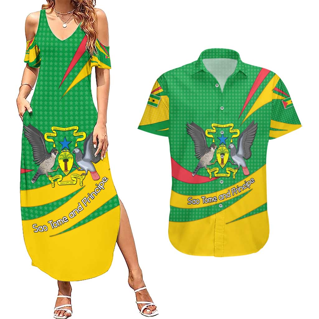 Sao Tome and Principe National Emblem Couples Matching Summer Maxi Dress and Hawaiian Shirt with Green Yellow Flag Pattern