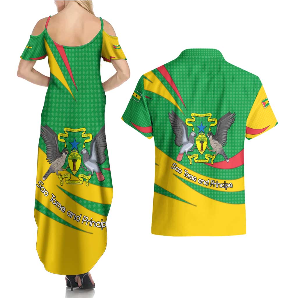 Sao Tome and Principe National Emblem Couples Matching Summer Maxi Dress and Hawaiian Shirt with Green Yellow Flag Pattern