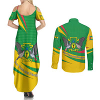 Sao Tome and Principe National Emblem Couples Matching Summer Maxi Dress and Long Sleeve Button Shirt with Green Yellow Flag Pattern