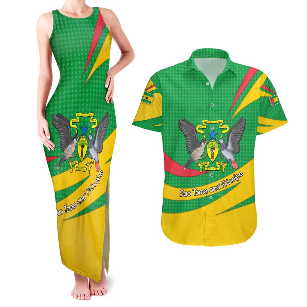 Sao Tome and Principe National Emblem Couples Matching Tank Maxi Dress and Hawaiian Shirt with Green Yellow Flag Pattern