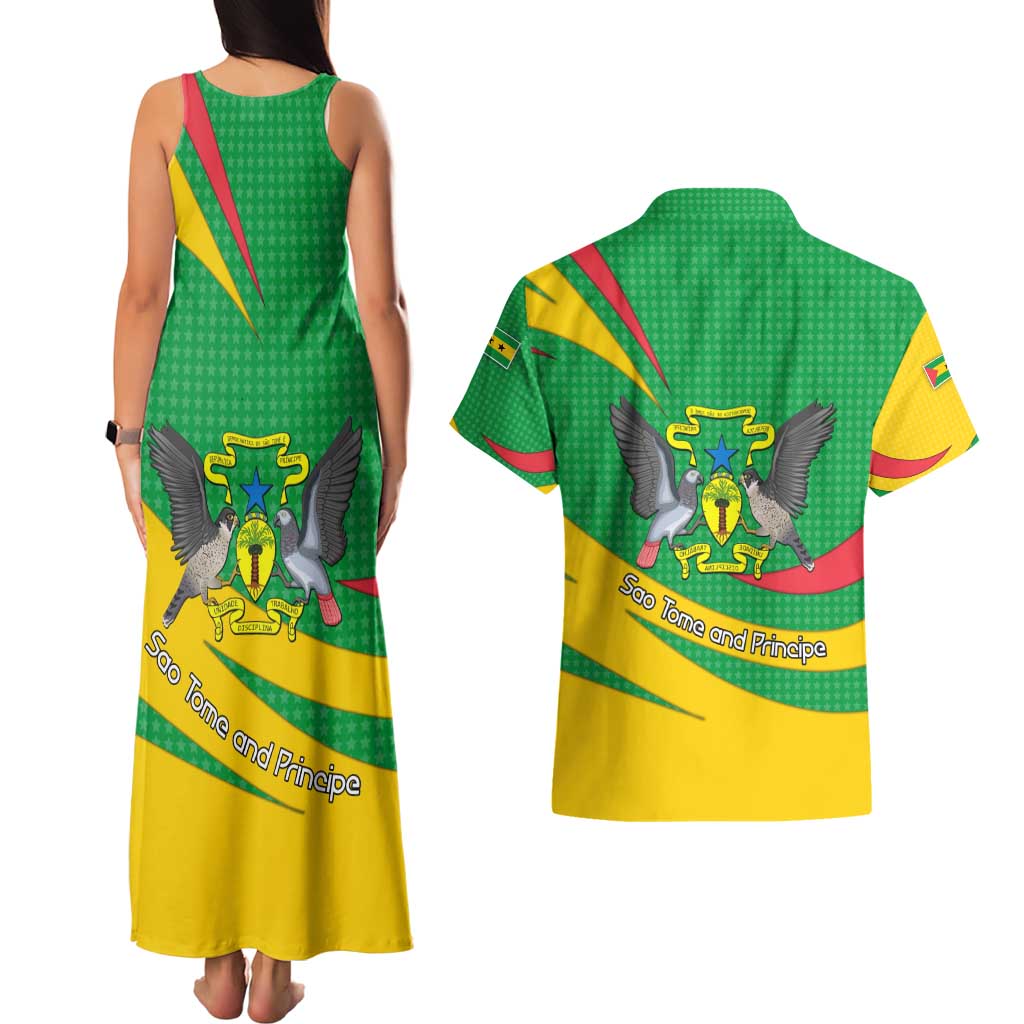 Sao Tome and Principe National Emblem Couples Matching Tank Maxi Dress and Hawaiian Shirt with Green Yellow Flag Pattern