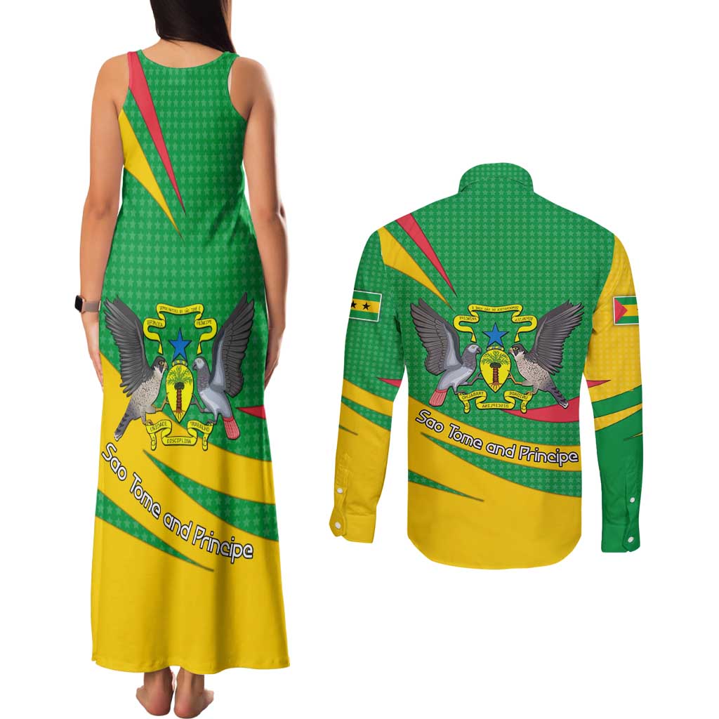 Sao Tome and Principe National Emblem Couples Matching Tank Maxi Dress and Long Sleeve Button Shirt with Green Yellow Flag Pattern