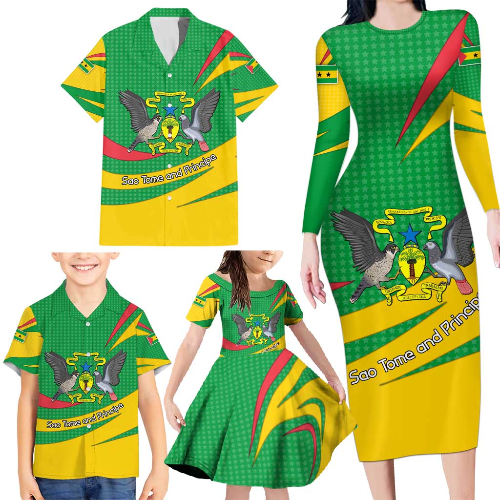 Sao Tome and Principe National Emblem Family Matching Long Sleeve Bodycon Dress and Hawaiian Shirt with Green Yellow Flag Pattern