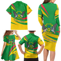 Sao Tome and Principe National Emblem Family Matching Long Sleeve Bodycon Dress and Hawaiian Shirt with Green Yellow Flag Pattern