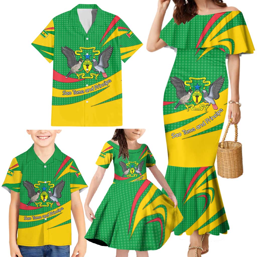 Sao Tome and Principe National Emblem Family Matching Mermaid Dress and Hawaiian Shirt with Green Yellow Flag Pattern