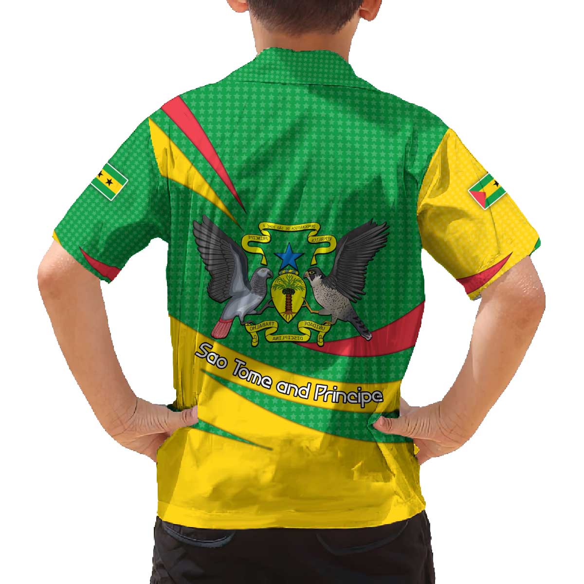 Sao Tome and Principe National Emblem Family Matching Off The Shoulder Long Sleeve Dress and Hawaiian Shirt with Green Yellow Flag Pattern