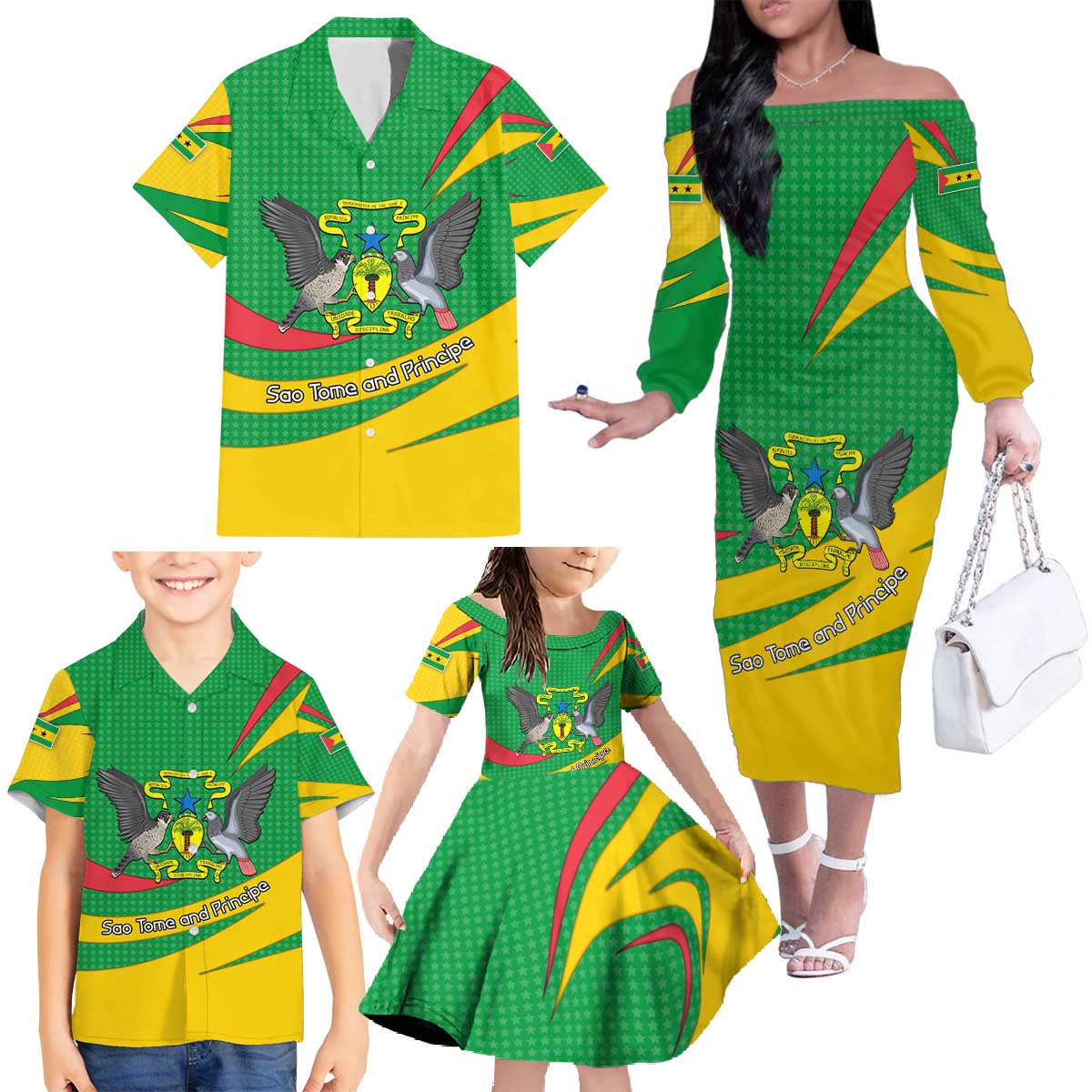 Sao Tome and Principe National Emblem Family Matching Off The Shoulder Long Sleeve Dress and Hawaiian Shirt with Green Yellow Flag Pattern