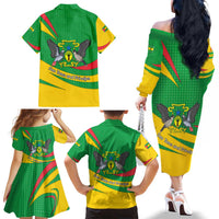 Sao Tome and Principe National Emblem Family Matching Off The Shoulder Long Sleeve Dress and Hawaiian Shirt with Green Yellow Flag Pattern