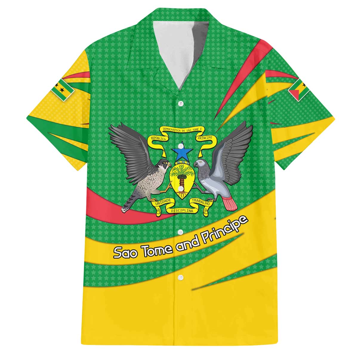 Sao Tome and Principe National Emblem Family Matching Off The Shoulder Long Sleeve Dress and Hawaiian Shirt with Green Yellow Flag Pattern