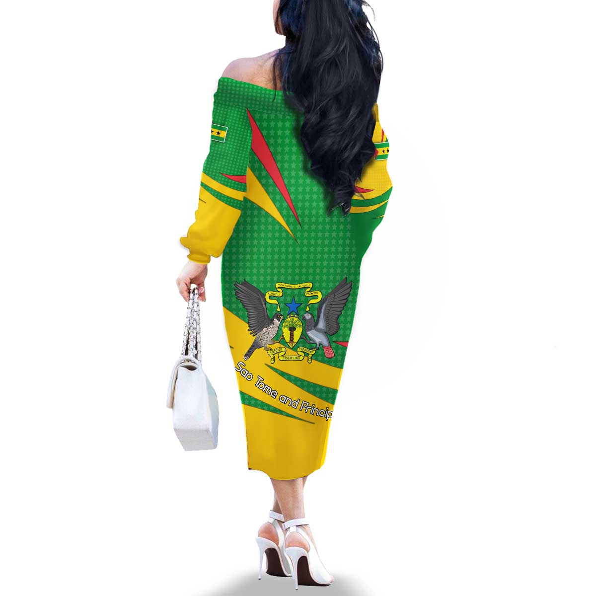 Sao Tome and Principe National Emblem Family Matching Off The Shoulder Long Sleeve Dress and Hawaiian Shirt with Green Yellow Flag Pattern