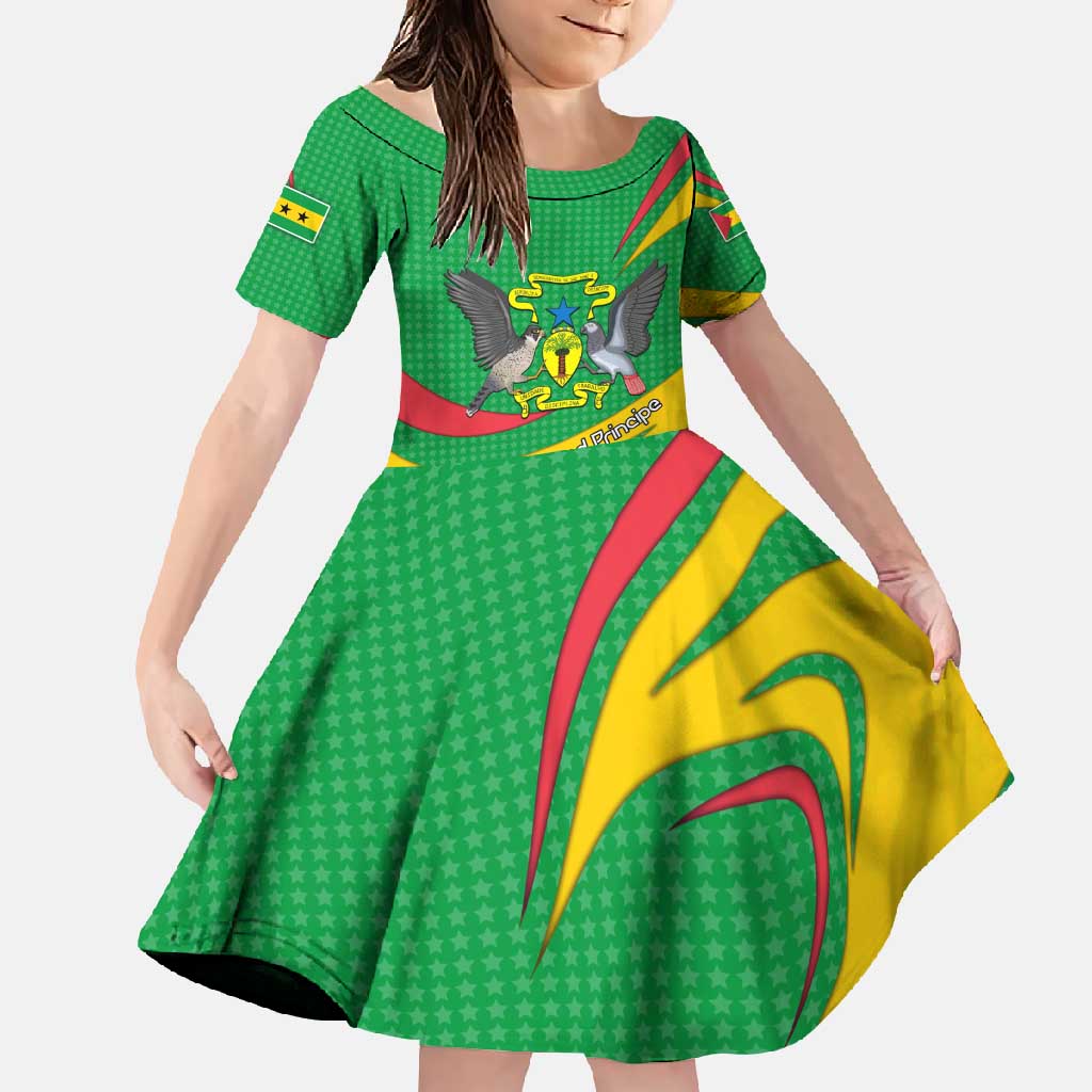 Sao Tome and Principe National Emblem Family Matching Off Shoulder Maxi Dress and Hawaiian Shirt with Green Yellow Flag Pattern