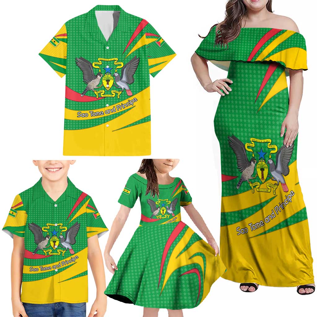 Sao Tome and Principe National Emblem Family Matching Off Shoulder Maxi Dress and Hawaiian Shirt with Green Yellow Flag Pattern