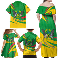 Sao Tome and Principe National Emblem Family Matching Off Shoulder Maxi Dress and Hawaiian Shirt with Green Yellow Flag Pattern