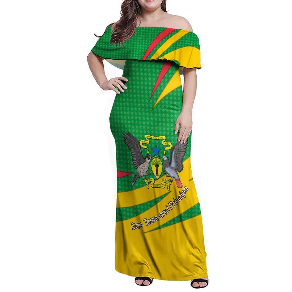 Sao Tome and Principe National Emblem Family Matching Off Shoulder Maxi Dress and Hawaiian Shirt with Green Yellow Flag Pattern