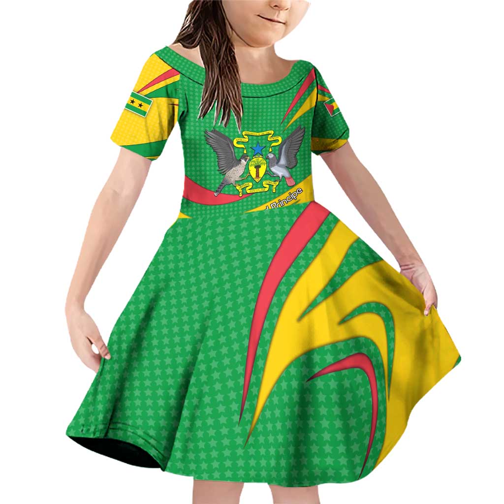 Sao Tome and Principe National Emblem Family Matching Off Shoulder Short Dress and Hawaiian Shirt with Green Yellow Flag Pattern