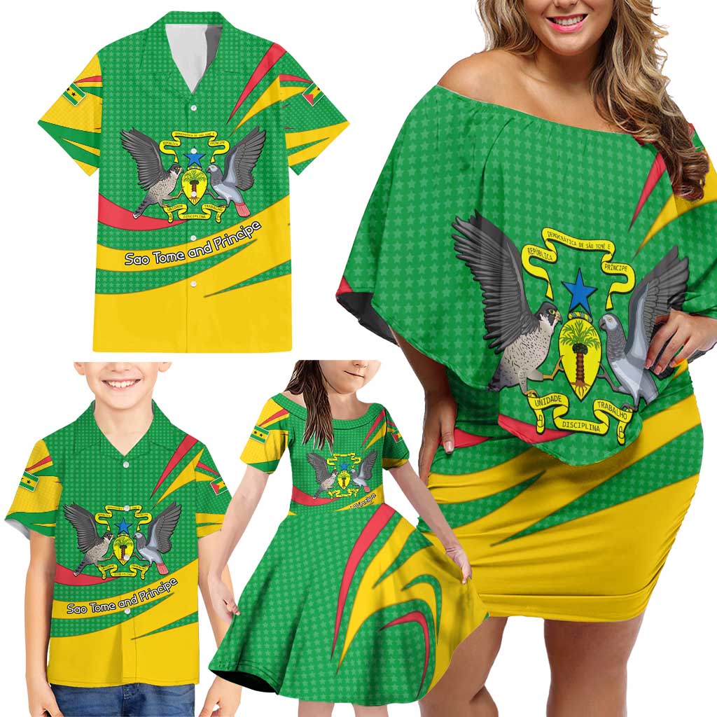 Sao Tome and Principe National Emblem Family Matching Off Shoulder Short Dress and Hawaiian Shirt with Green Yellow Flag Pattern