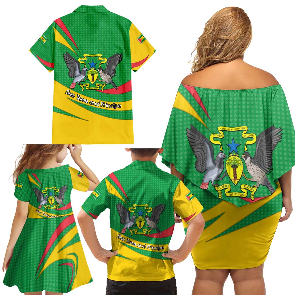 Sao Tome and Principe National Emblem Family Matching Off Shoulder Short Dress and Hawaiian Shirt with Green Yellow Flag Pattern