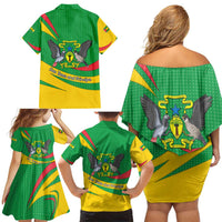 Sao Tome and Principe National Emblem Family Matching Off Shoulder Short Dress and Hawaiian Shirt with Green Yellow Flag Pattern