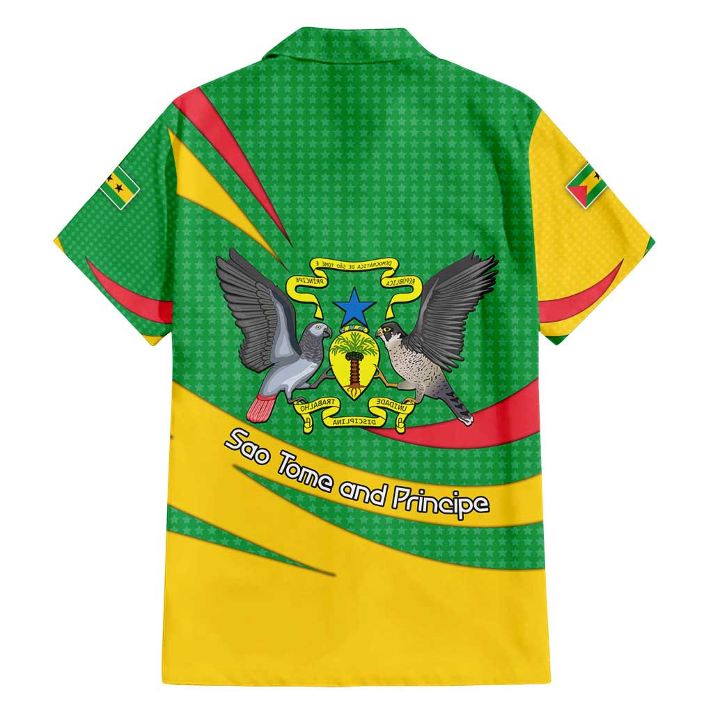 Sao Tome and Principe National Emblem Family Matching Off Shoulder Short Dress and Hawaiian Shirt with Green Yellow Flag Pattern