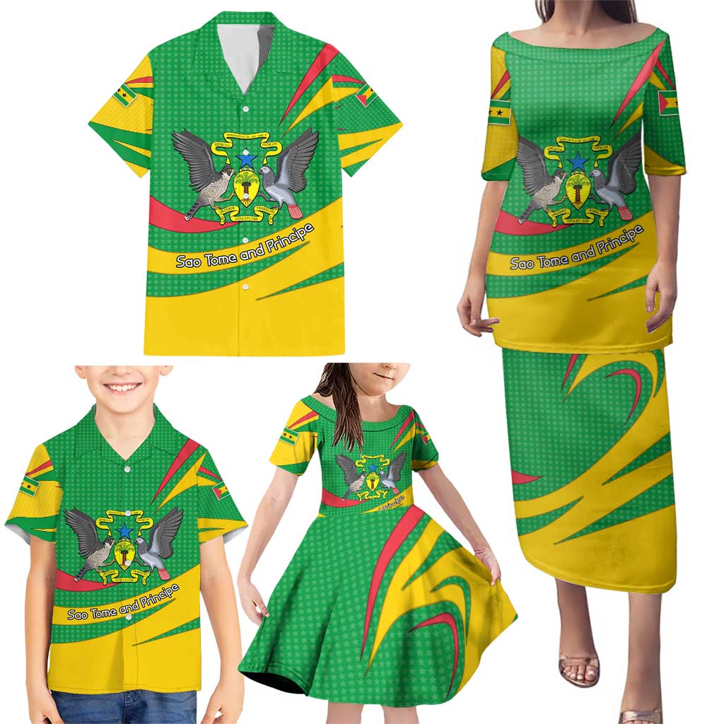 Sao Tome and Principe National Emblem Family Matching Puletasi and Hawaiian Shirt with Green Yellow Flag Pattern