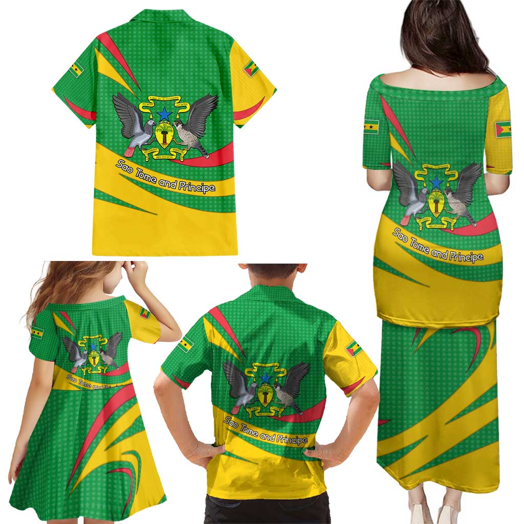 Sao Tome and Principe National Emblem Family Matching Puletasi and Hawaiian Shirt with Green Yellow Flag Pattern