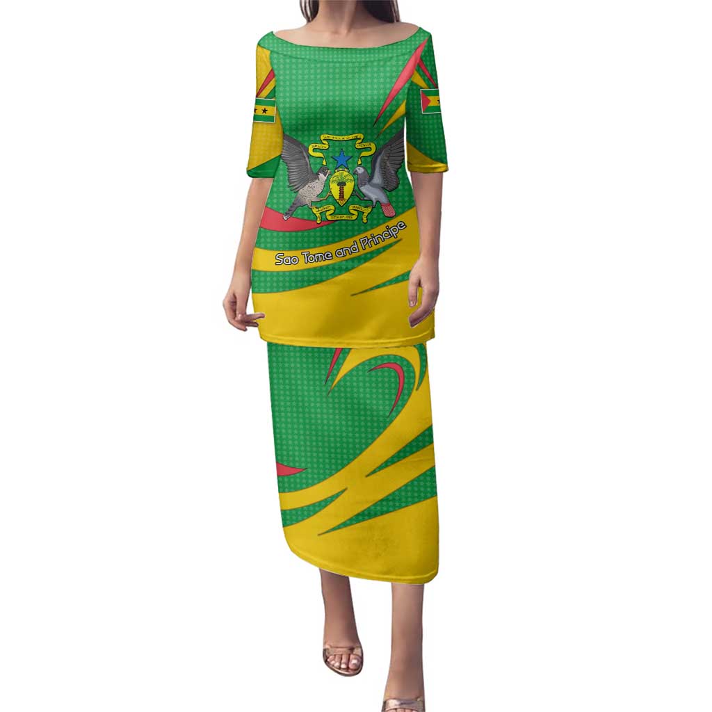 Sao Tome and Principe National Emblem Family Matching Puletasi and Hawaiian Shirt with Green Yellow Flag Pattern