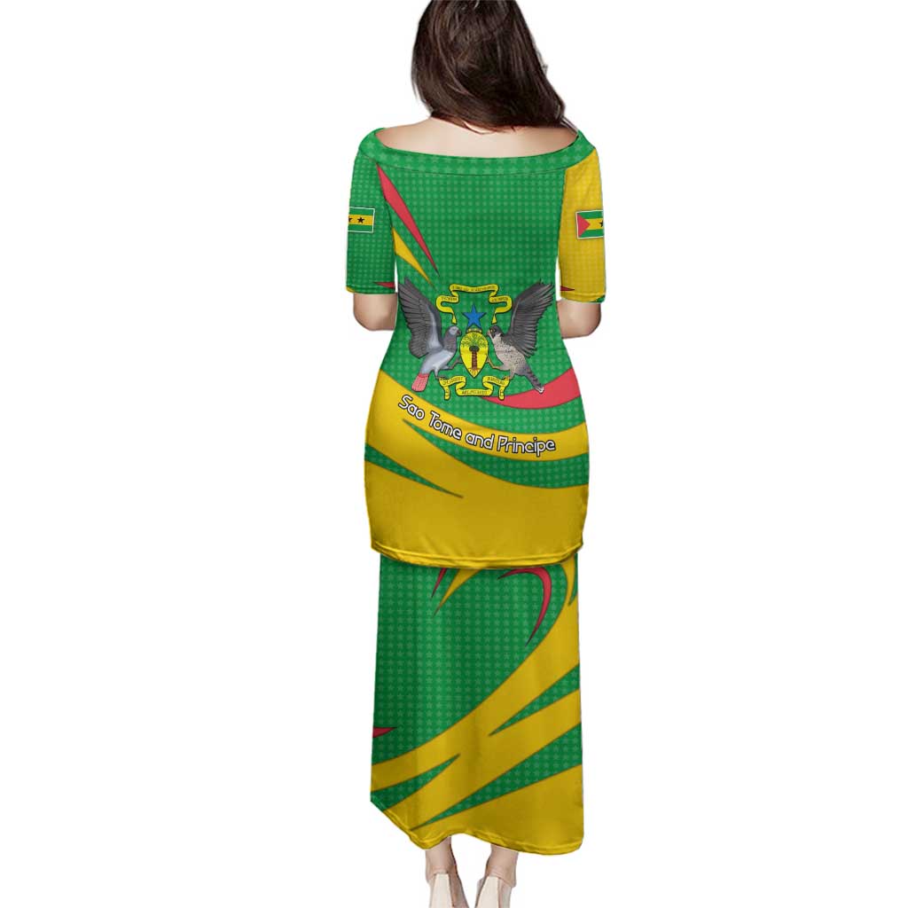 Sao Tome and Principe National Emblem Family Matching Puletasi and Hawaiian Shirt with Green Yellow Flag Pattern