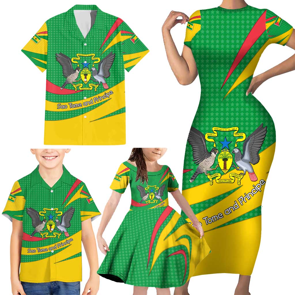 Sao Tome and Principe National Emblem Family Matching Short Sleeve Bodycon Dress and Hawaiian Shirt with Green Yellow Flag Pattern