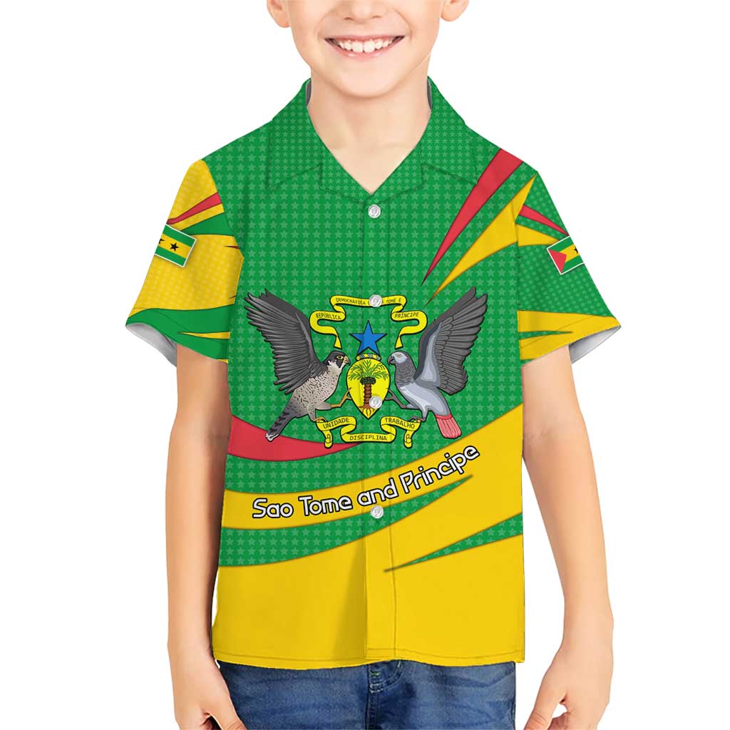 Sao Tome and Principe National Emblem Family Matching Short Sleeve Bodycon Dress and Hawaiian Shirt with Green Yellow Flag Pattern