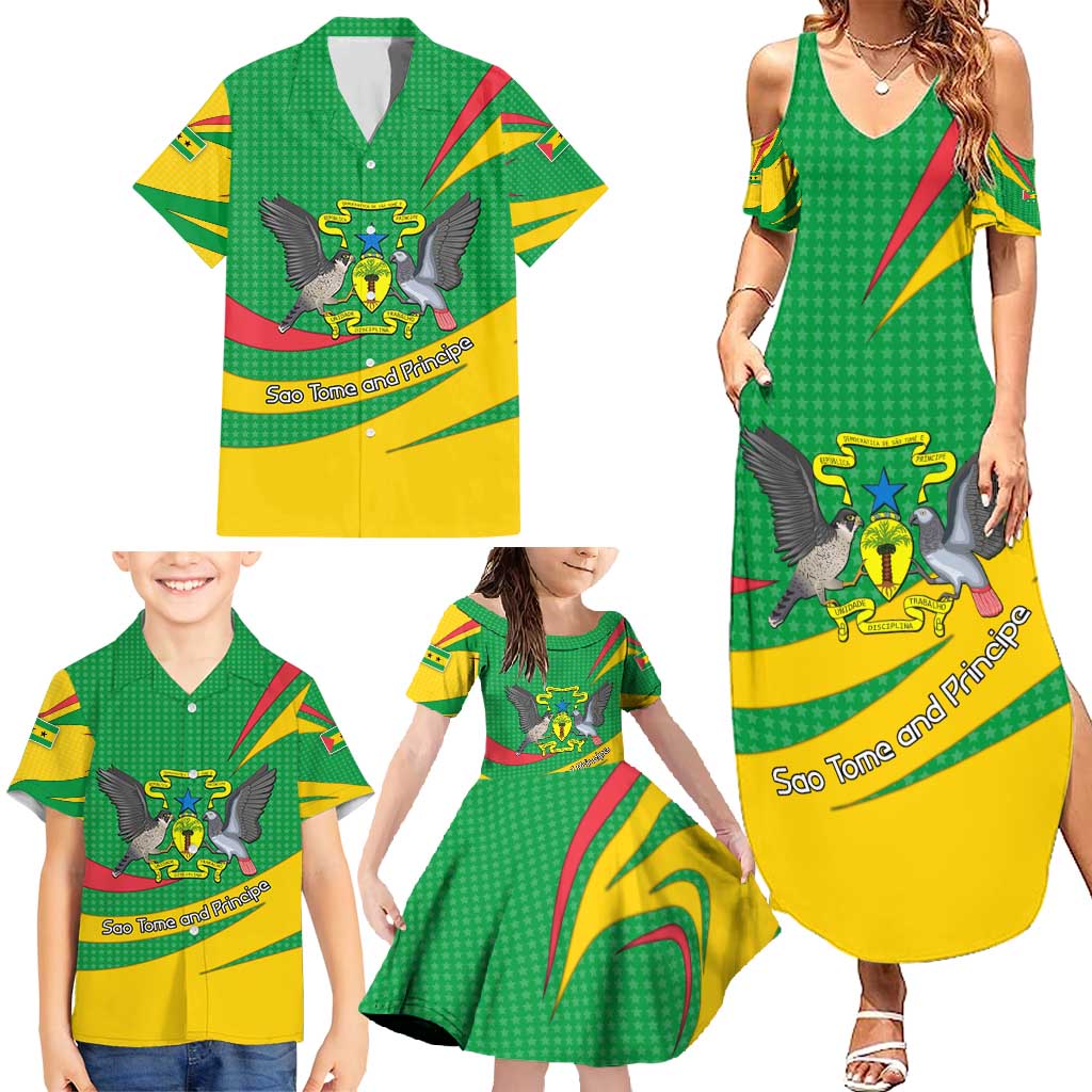Sao Tome and Principe National Emblem Family Matching Summer Maxi Dress and Hawaiian Shirt with Green Yellow Flag Pattern