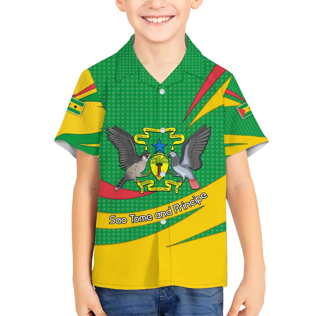 Sao Tome and Principe National Emblem Family Matching Summer Maxi Dress and Hawaiian Shirt with Green Yellow Flag Pattern