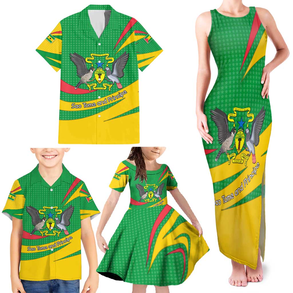 Sao Tome and Principe National Emblem Family Matching Tank Maxi Dress and Hawaiian Shirt with Green Yellow Flag Pattern