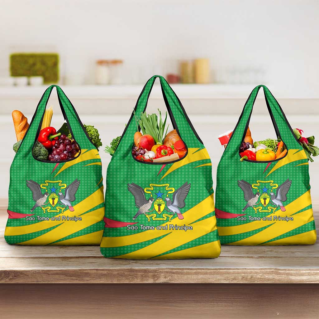 Sao Tome and Principe National Emblem Grocery Bag with Green Yellow Flag Pattern