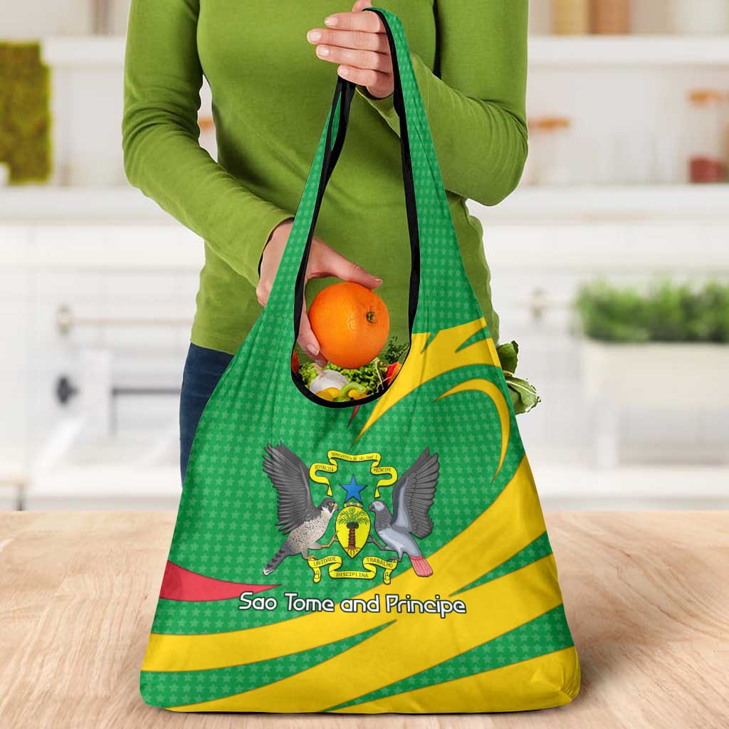 Sao Tome and Principe National Emblem Grocery Bag with Green Yellow Flag Pattern