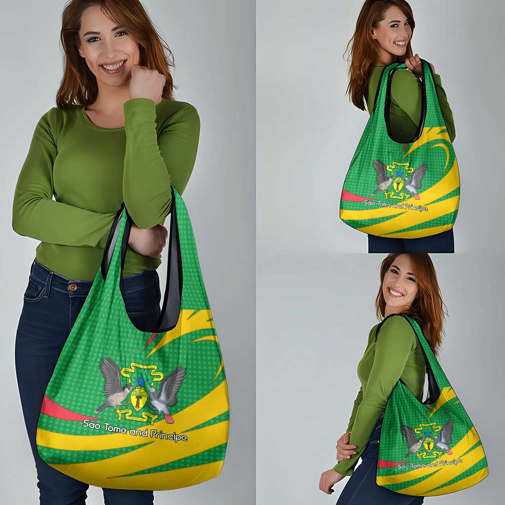 Sao Tome and Principe National Emblem Grocery Bag with Green Yellow Flag Pattern