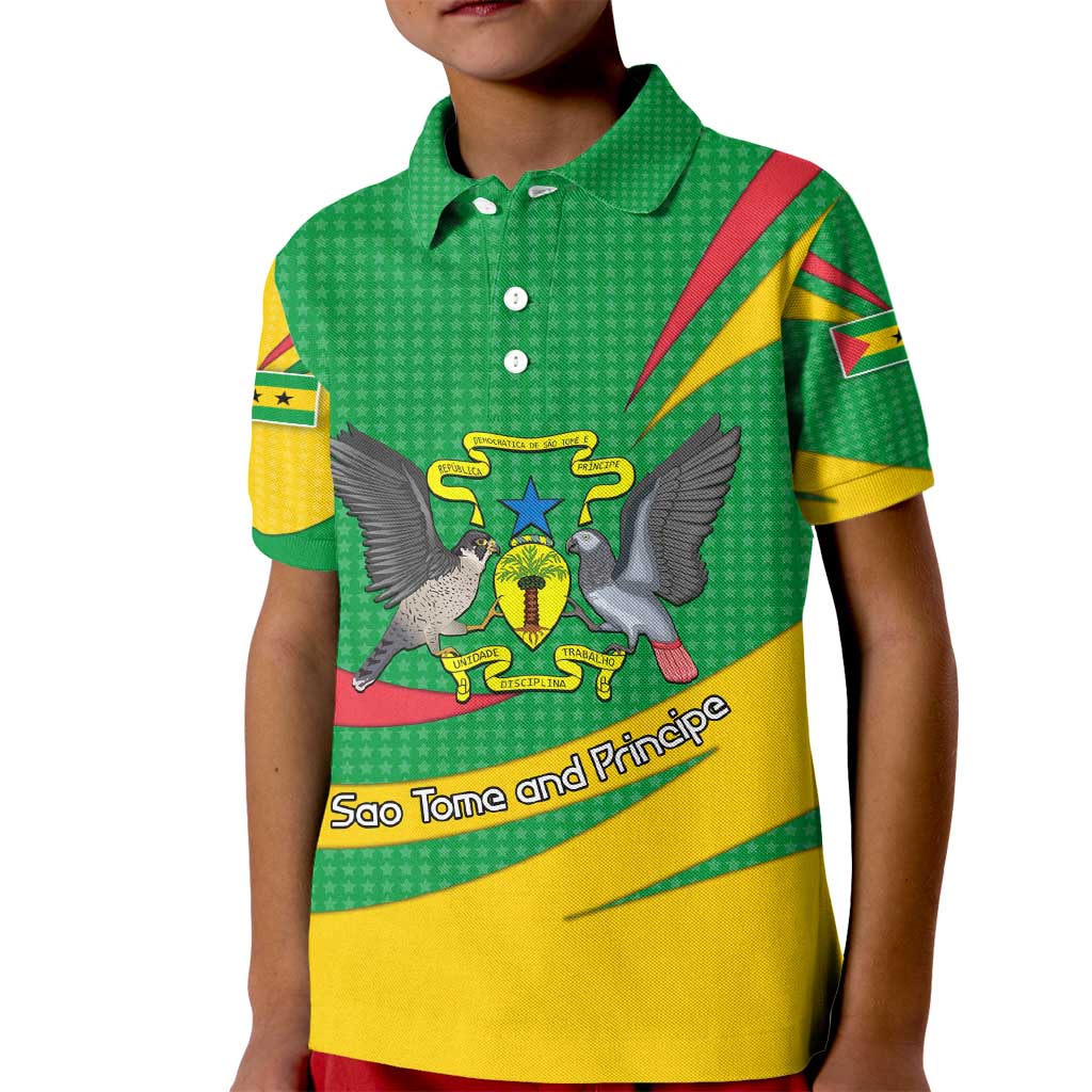 Sao Tome and Principe National Emblem Kid Polo Shirt with Green Yellow Flag Pattern