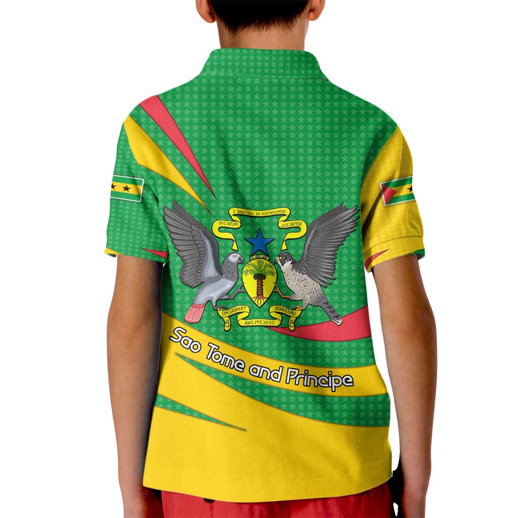 Sao Tome and Principe National Emblem Kid Polo Shirt with Green Yellow Flag Pattern
