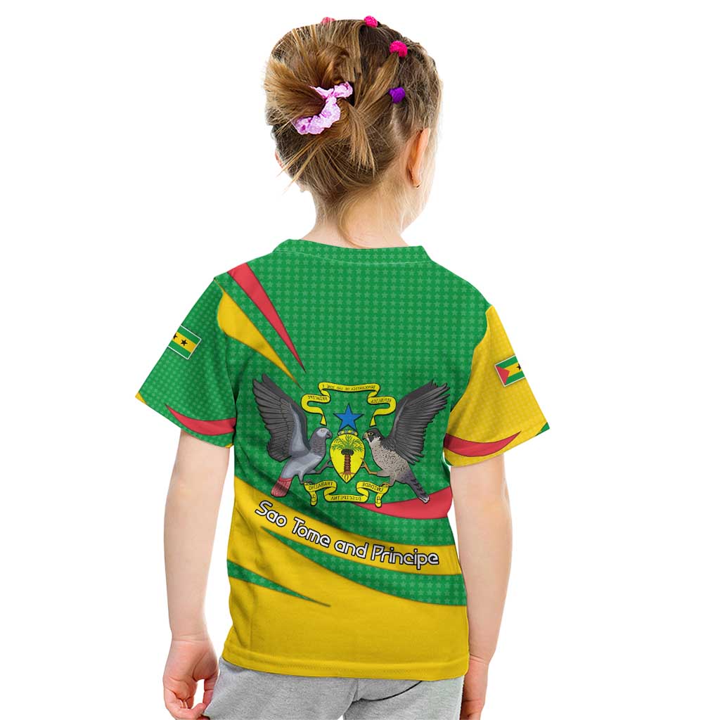 Sao Tome and Principe National Emblem Kid T Shirt with Green Yellow Flag Pattern
