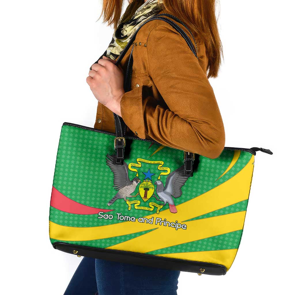 Sao Tome and Principe National Emblem Leather Tote Bag with Green Yellow Flag Pattern