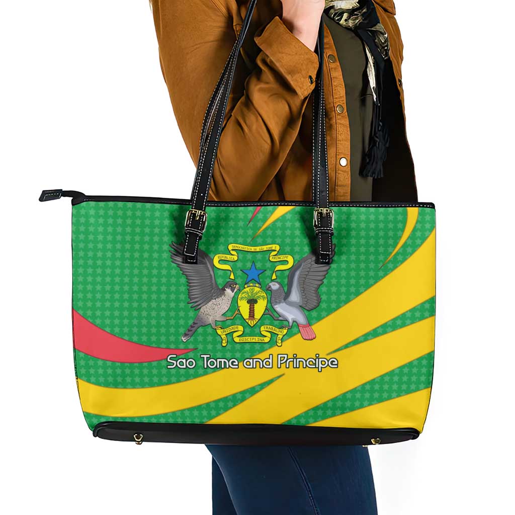 Sao Tome and Principe National Emblem Leather Tote Bag with Green Yellow Flag Pattern