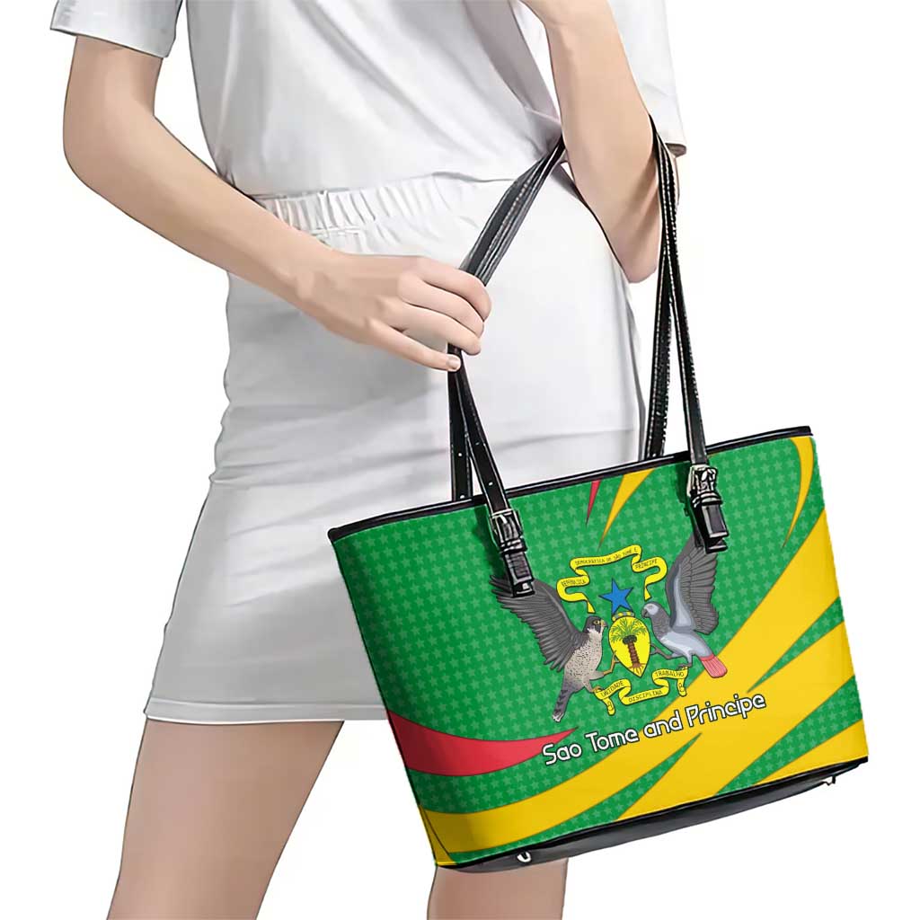 Sao Tome and Principe National Emblem Leather Tote Bag with Green Yellow Flag Pattern