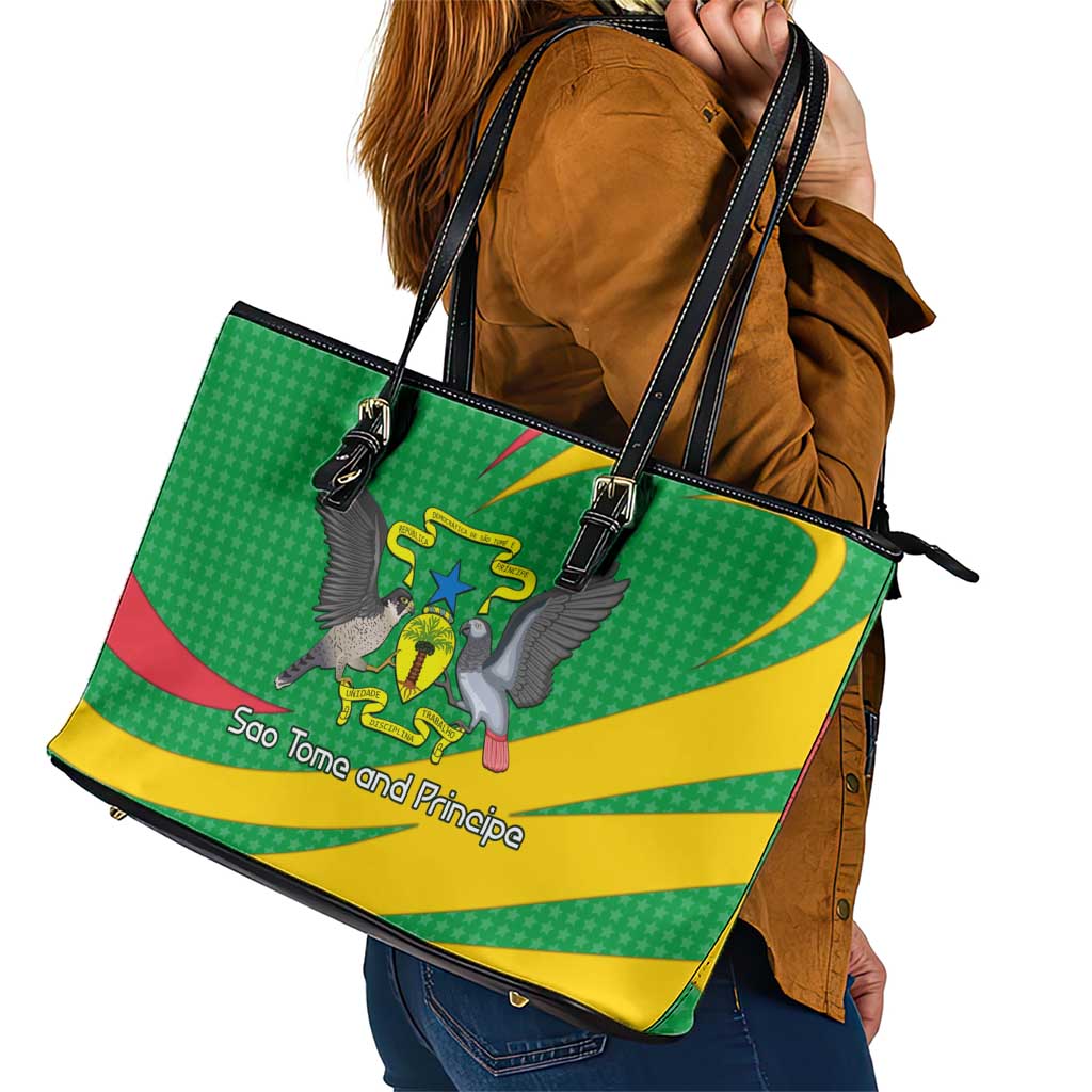 Sao Tome and Principe National Emblem Leather Tote Bag with Green Yellow Flag Pattern