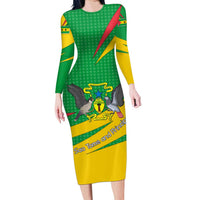 Sao Tome and Principe National Emblem Long Sleeve Bodycon Dress with Green Yellow Flag Pattern