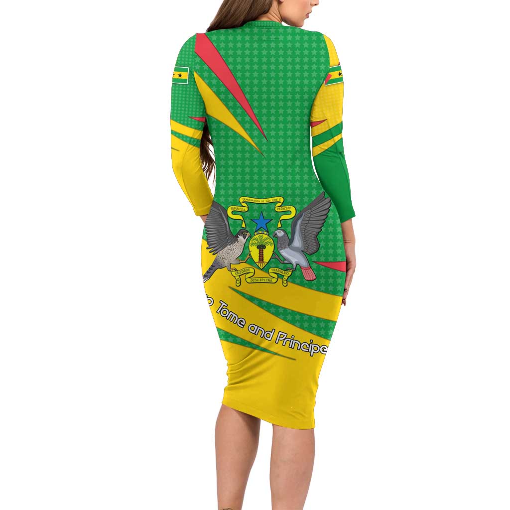 Sao Tome and Principe National Emblem Long Sleeve Bodycon Dress with Green Yellow Flag Pattern