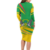 Sao Tome and Principe National Emblem Long Sleeve Bodycon Dress with Green Yellow Flag Pattern