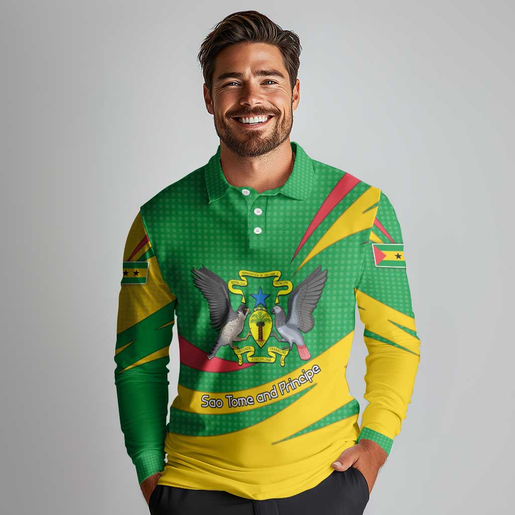 Sao Tome and Principe National Emblem Long Sleeve Polo Shirt with Green Yellow Flag Pattern