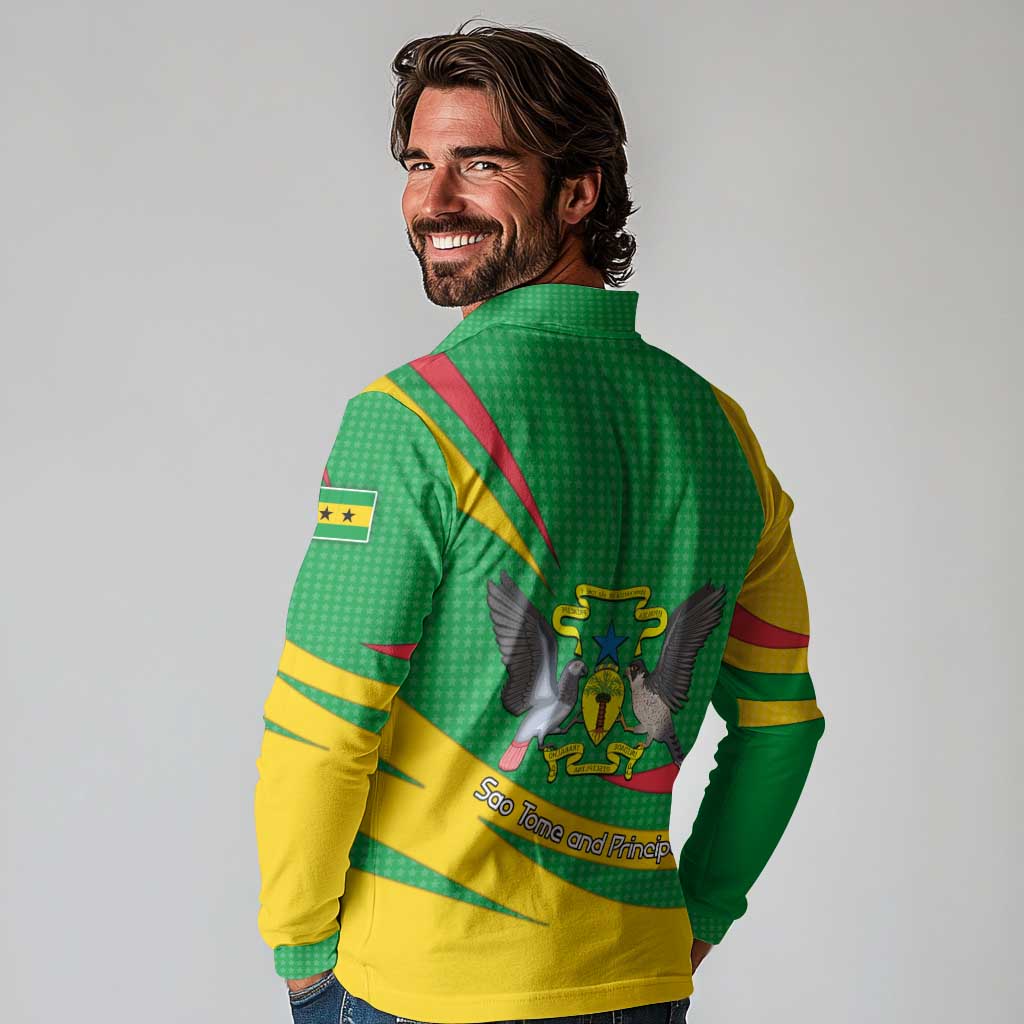 Sao Tome and Principe National Emblem Long Sleeve Polo Shirt with Green Yellow Flag Pattern