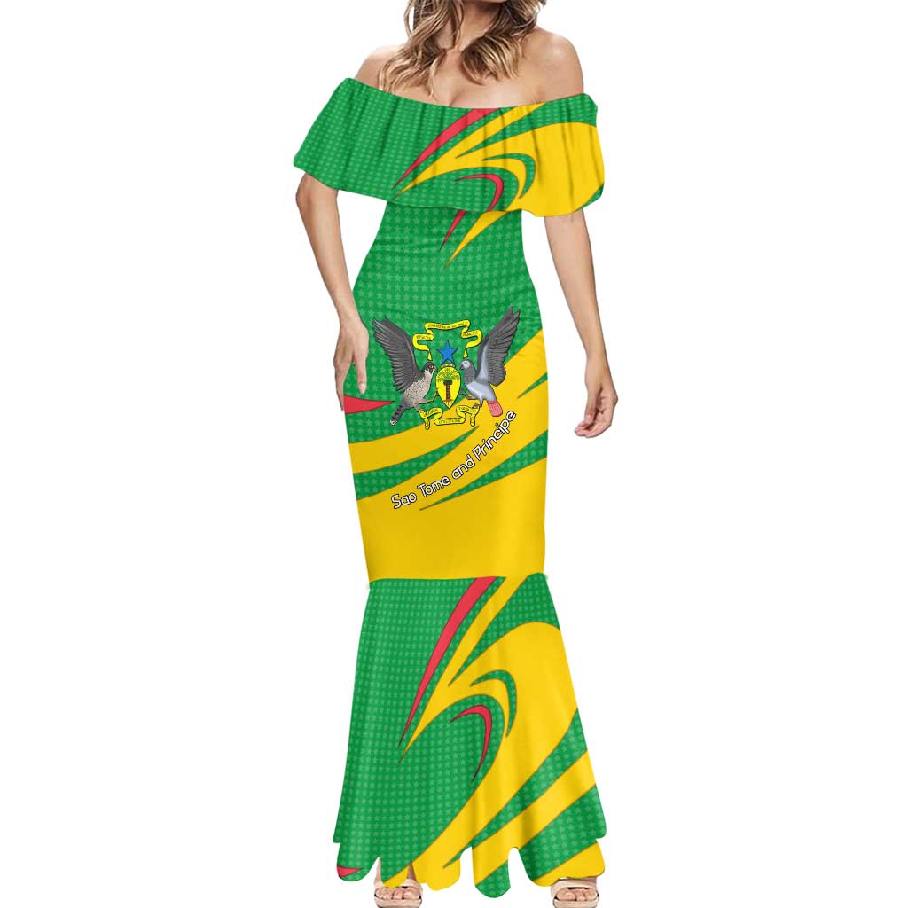 Sao Tome and Principe National Emblem Mermaid Dress with Green Yellow Flag Pattern